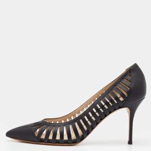 Pre Owned Casadei Black Cut Out Leather Pointed Toe Pumps Size 38.5
