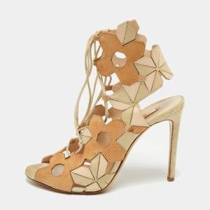 Pre Owned Casadei Tri-Color Suede and Leather Laser Cut Ankle-Tie Open Toe Sandals Size 37.5
