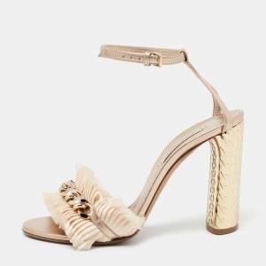 Pre Owned Casadei Rose Gold Leather Chain Detail Ankle Strap Sandals Size 38