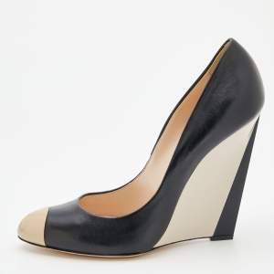 Pre Owned Casadei Black/Beige Leather And Patent Leather Cap Toe Wedge Pumps Size 41