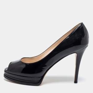 Casadei Black Patent Leather Peep Toe Platform Pumps Size 37.5