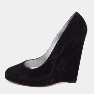 Pre Owned Casadei Black Suede Platform Wedge Pumps Size 36.5