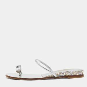 Casadei Silver Leather Crystal Embellished  Ring Toe Flat Sandals Size 39