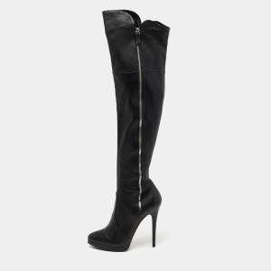 Pre Owned Casadei Black Leather Knee Length Platform Boots Size 37.5