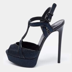 Casadei Blue/Black Glitter and Patent Leather Platform Sandals Size 40