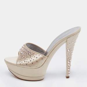 Casadei Beige Satin Crystal Embellished Platform Slide Sandals Size 40