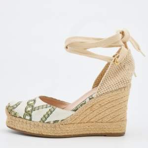 Pre Owned Casadei White Printed Leather and Woven Fabric Espadrille Platform Wedge Sandals Size 36.5
