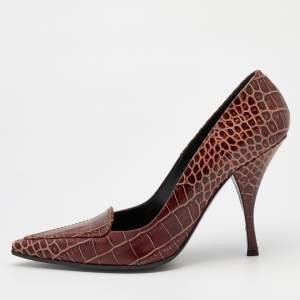 Pre Owned Casadei Brown Croc Embossed Leather Pointed Toe Pumps Size 40