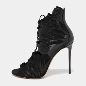 Casadei Black Leather, Suede and Mesh Lace Up Sandals Size 40