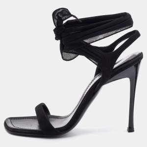 Casadei Black Suede and Fabric Ankle Wrap Sandals Size 36.5