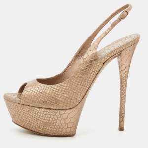 Pre Owned Casadei Metallic Beige Python Embossed Leather Slingback Platform Pumps Size 37.5