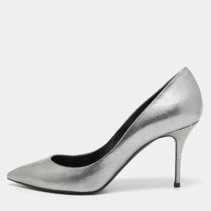 Casadei Silver Texture Leather Pointed Toe Pumps Size 37.5