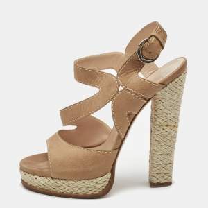 Pre Owned Casadei Light Brown Nubuck Leather Ankle Strap Espadrille Sandals Size 39