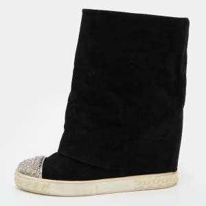 Casadei Black Suede Chain Cap Toe Foldover Wedge Boots Size 39