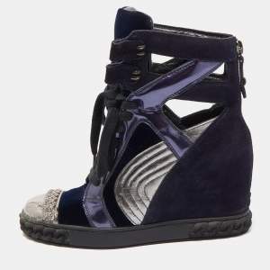 Casadei Tricolor Suede and Leather High Top Wedge Sneakers Size 38
