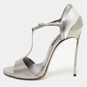 Casadei Metallic Silver Leather T-strap Sandals Size 39