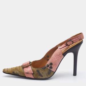 Pre Owned Casadei Pink/Olive Green Croc Embossed Leather and Camo Print Canvas Slingback Pumps Size 35