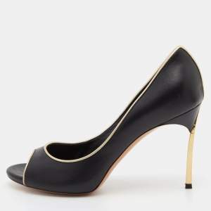 Casadei Black/Gold Leather Open Toe Blade Heel Pumps Size 37