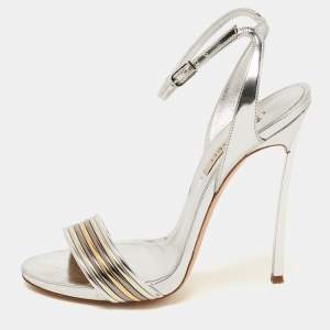 Pre Owned Casadei Metallic Silver Leather Piping Detail Ankle Strap Platform Sandals Size 37