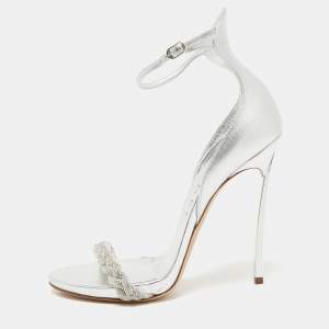 Pre Owned Casadei Silver Foil Leather and Crystal Venezia Ankle Strap Sandals Size 38.5