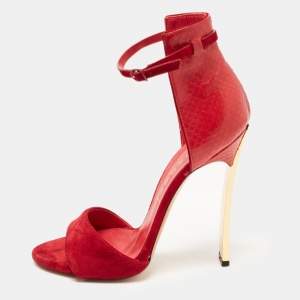Pre Owned Casadei Red Suede and Python Ankle Strap Sandals Size 37