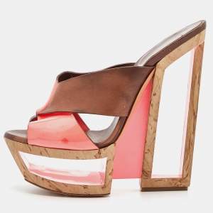 Casadei Brown/Orange Leather and Patent Wedge Platform Slide Sandals Size 36