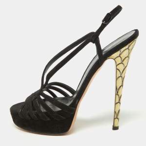 Casadei Black Suede Platform Strappy Sandals Size 37.5