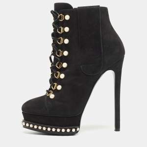 Casadei Black Laminated Suede Pearl Embellished Platform Lace Up Booties Size 36.5