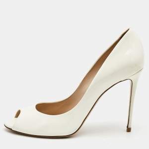 Pre Owned Casadei White Patent Leather Peep Toe Pumps Size 40