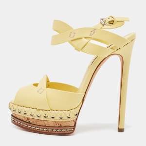 Casadei Yellow Leather Peep Toe Cork Platform Slingback Sandals Size 36