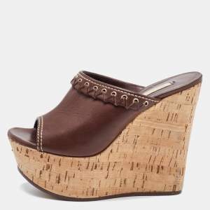 Casadei Brown Suede Cork Wedge Platform Slide Sandals Size 37