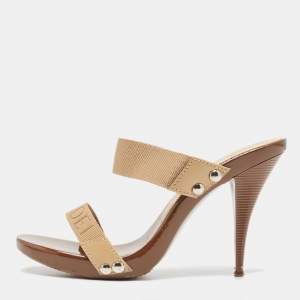 Casadei Beige/Brown Canvas Slide Sandals Size 38