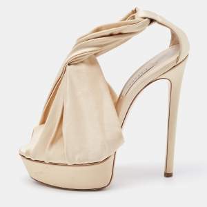 Casadei Metallic Beige Draped Satin Peep Toe Platform Pumps Size 38