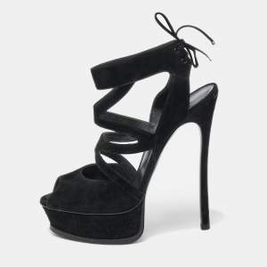 Casadei Black Suede Strappy Platform Ankle Tie Sandals Size 38