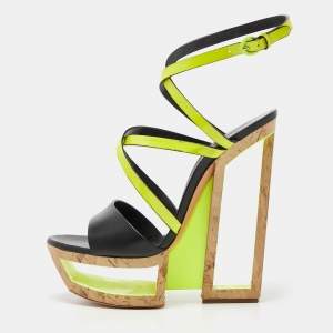 Casadei Black/Neon Yellow Leather and Patent Cork Wedge Platform Strappy Sandals Size 38