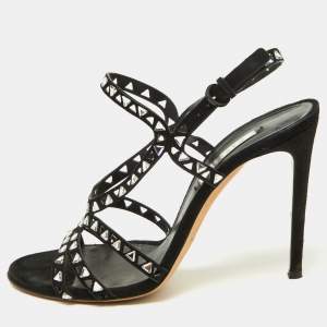 Casadei Black Suede Strappy Crystals Sandals Size 39