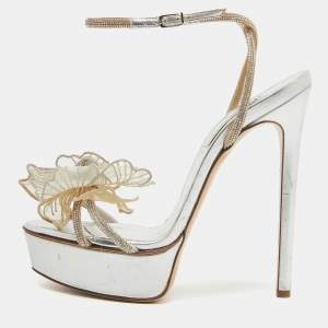 Casadei Silver/Gold Crystal Leather Flower Embellished Platform Ankle Strap Sandals Size 38.5