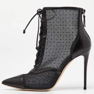Casadei Black Mesh and Leather Lace Up Ankle Booties Size 38