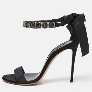 Casadei Black Satin Crystals Embellished Ankle Wrap Sandals Size 36.5