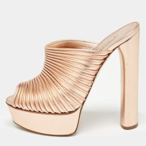 Casadei Rose Gold Textured Leather Slide Sandals Size 35