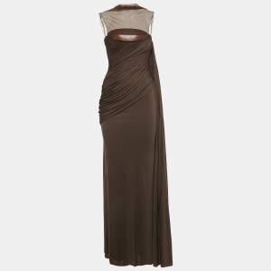 مملوكة مسبقًا C.Dam Brown Jersey and Tulle Metallic Cup Disa Dress S