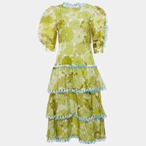 CeliaB Green Floral Print Silk Blend Tiered Midi Erica Dress S
