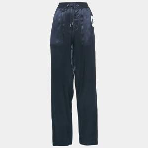 Pre Owned Celine Navy Blue Satin Applique Detail Track Pants M
