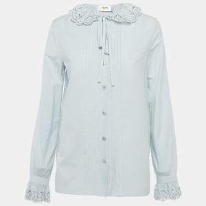 Pre Owned Celine Blue Embroidered Collar Cotton Blouse S