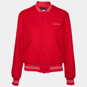 Celine Red Wool Logo Embroidered Button Front Teddy Jacket M
