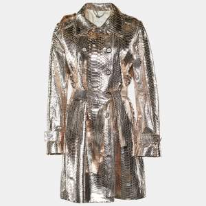 Celine Metallic Rose Gold Python Belted Knee Length Coat L