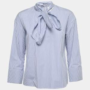 Pre Owned Celine Blue Striped Cotton Poplin Tie-Neck Blouse S