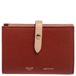 Pre Owned Celine Red/Light Pink Grained Leather Multifunction Strap Wallet