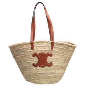 Pre Owned Celine Tan Raffia and Leather Triomphe Classic Panier Tote