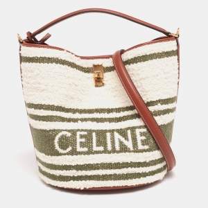 Pre Owned Celine White/Green Striped Tweed and Leather 16 Bucket Bag 